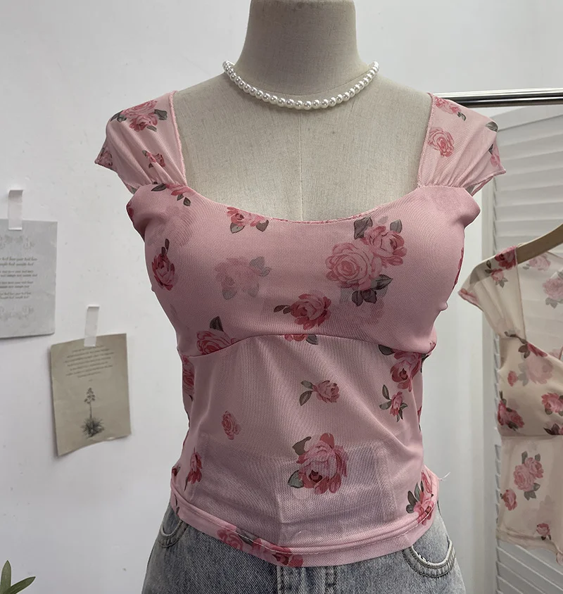 Uveng Fang Collar Broken Flower Mesh Flying Sleeve With Breast Pad Sling Vest Short Umbilly Sleeveless Top Lady 8850