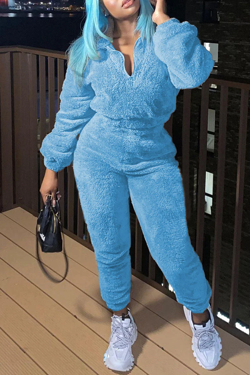 Casual Solid Patchwork Zipper Collar Long Sleeve Two Pieces