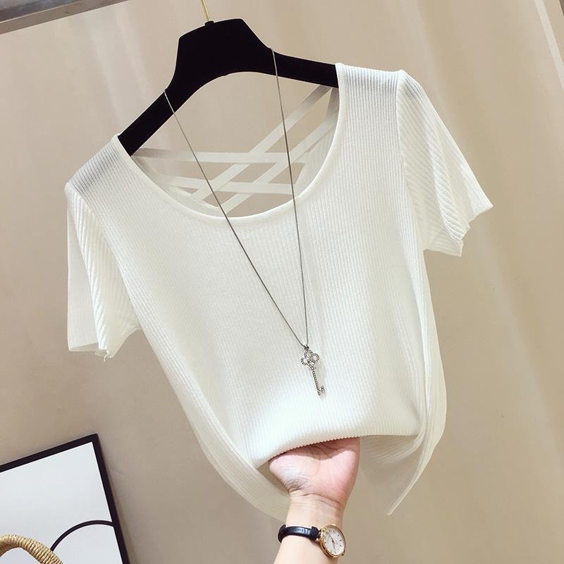 Sexy Shirt Women Basic Tshirt White Black Korean clothes Solid color Knitted Top Stretch Backless Summer Ladies T Shirt Casual