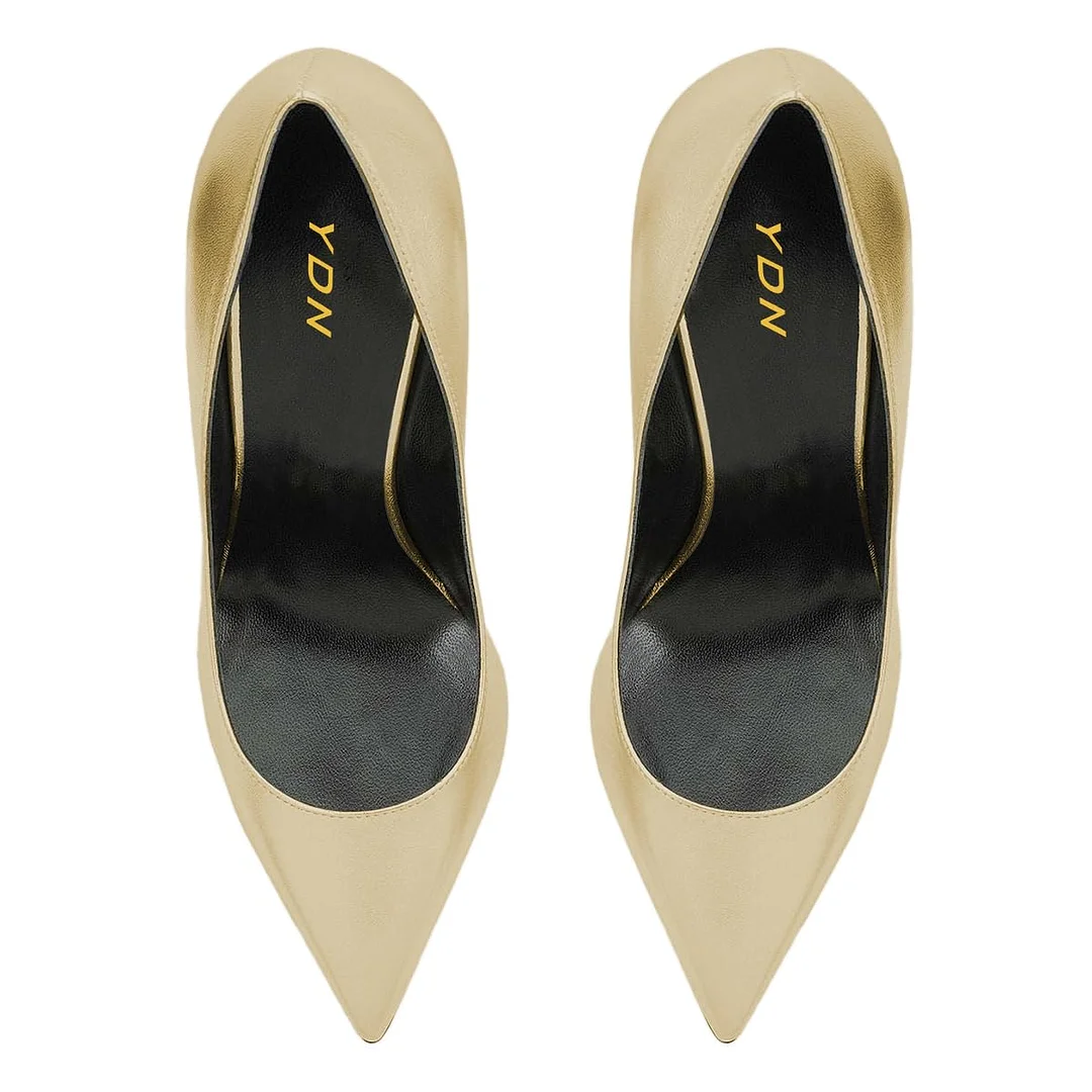 Dull Gold Vegan Leather Pointed Rhinestone Embellished Heels 