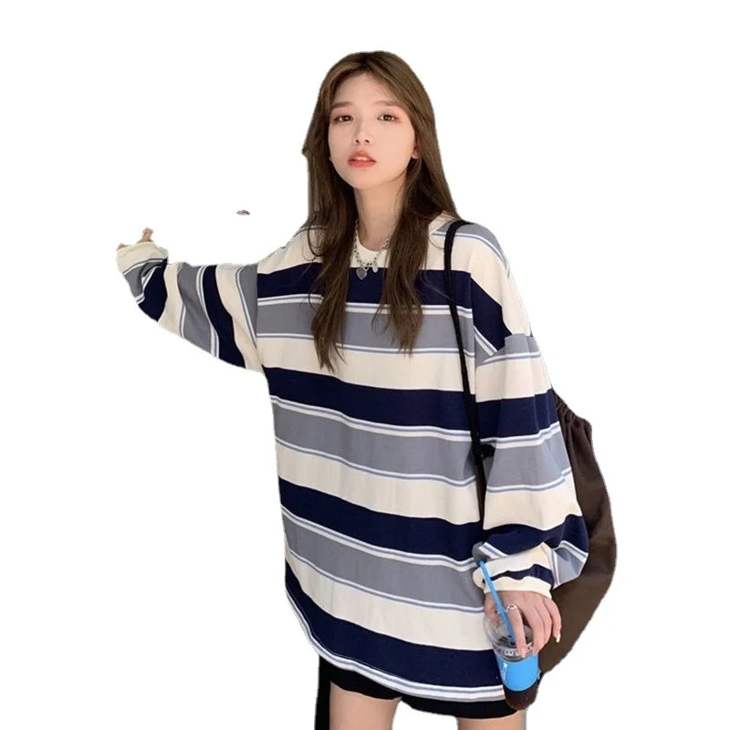 Brownm Brownm 2024 New Korean Version Of Loose Striped Long-Sleeve T-Shirt Female Ins Web Celebrity Students With Thin Clothes