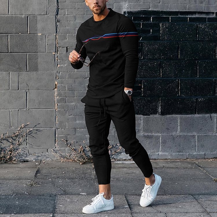 BrosWear Fashion Contrast Color Lines Black T-Shirt And Pants Co-Ord