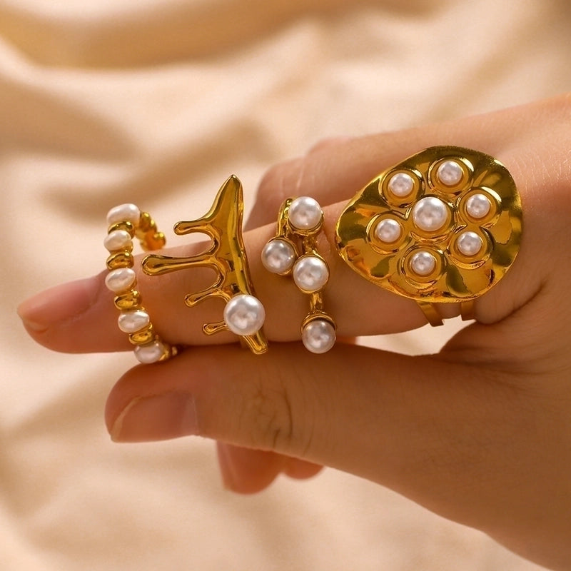 Vintage Style Modern Style Minimalist Geometric 304 Stainless Steel Artificial Pearls 18K Gold Plated Irregular Open Rings