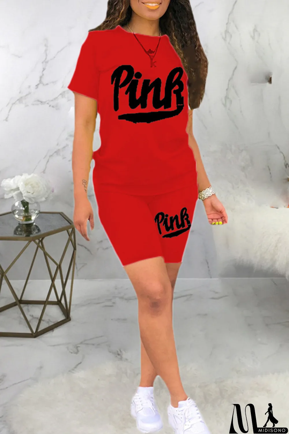 MidiSono - Black Fashion Casual Letter Print Basic O Neck Short Sleeve Two Pieces