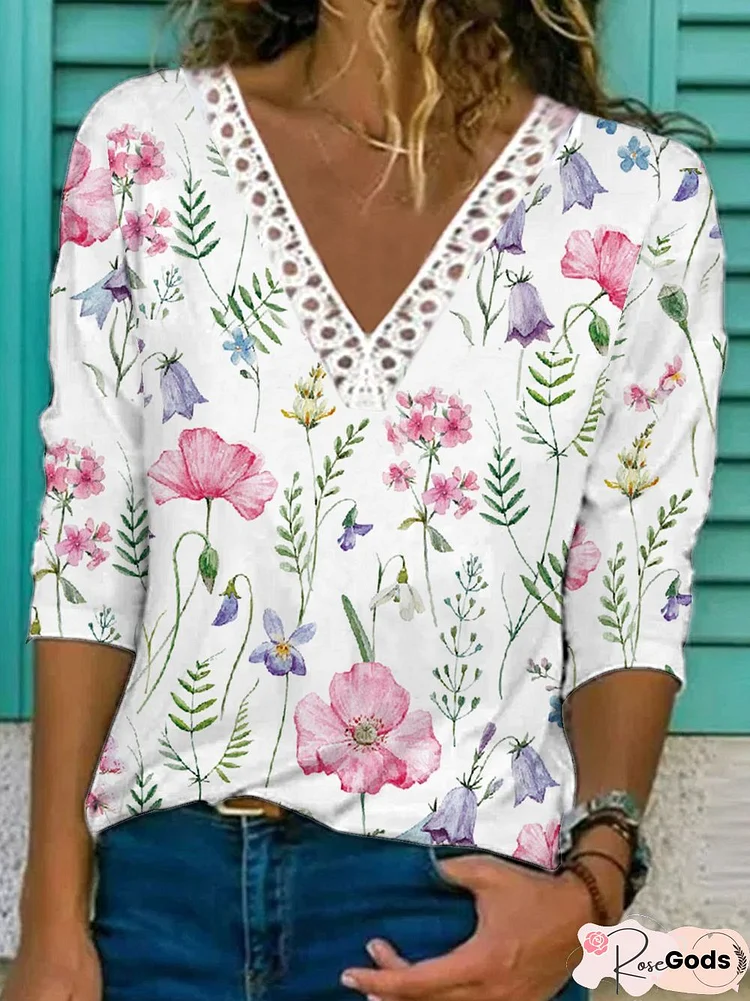 Lace V Neck Casual Floral Loose T-Shirt