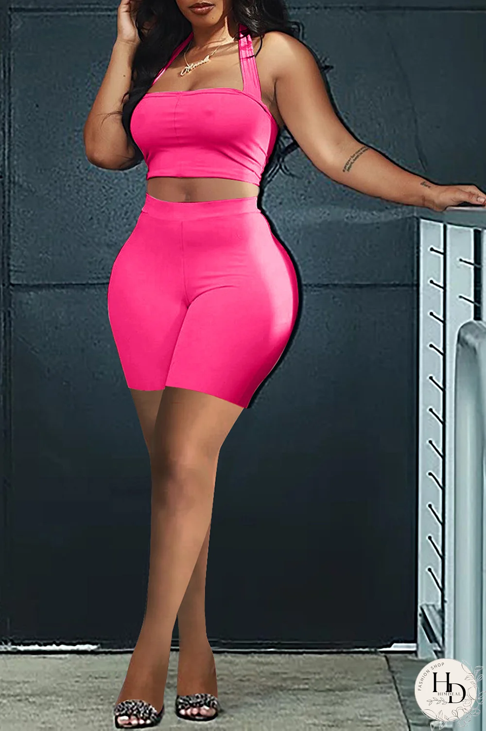 Rose Red Casual Solid Patchwork Halter Sleeveless Two Pieces