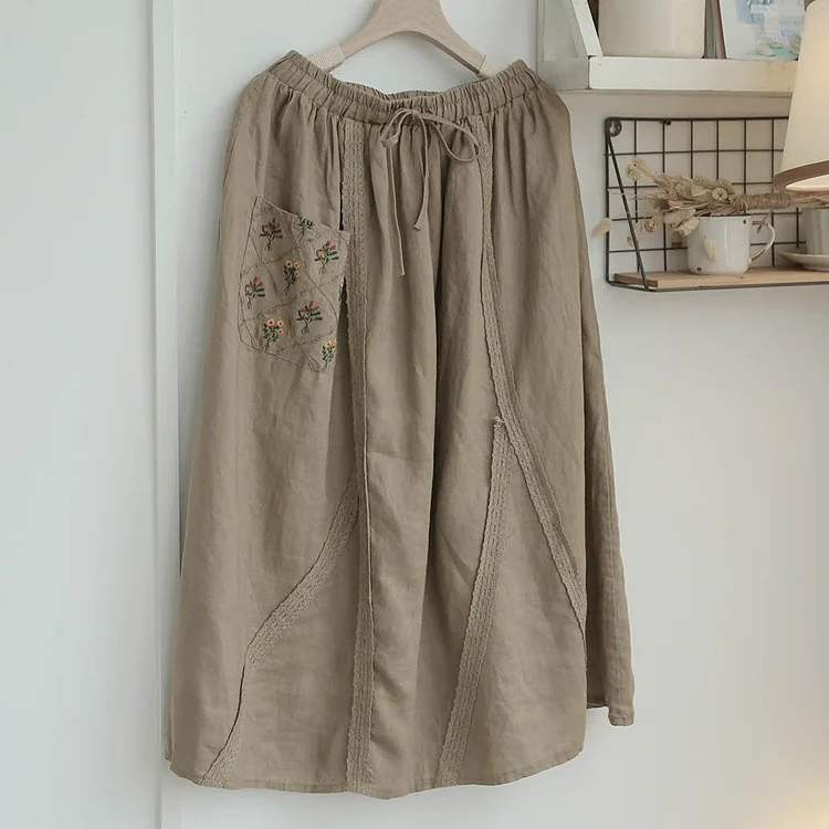 Queenfunky cottagecore style Embroidered Pocket Linen Skirt QueenFunky