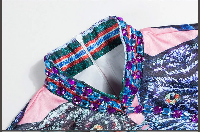 New Arrival Womens Stand Collar Sleeves Beaded Cartoons Printed Side Split Designer