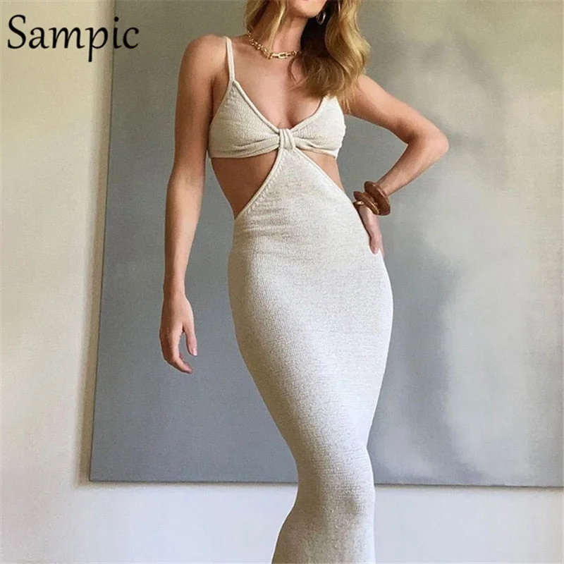 Sampic 2021 Women Strap Khaki Hollow Out Sexy Long Party Bodycon Dress Ladies V Neck Backless Night Club Cut Out Wrap Dress