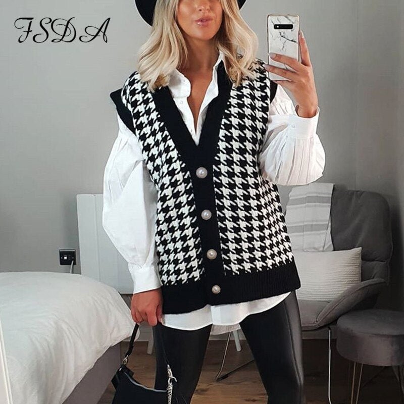 FSDA V Neck 2020 Houndstooth Vest Sweater Sleeveless Loose Autumn Winter Oversized Top Casual Jumper Fashion Cardigan