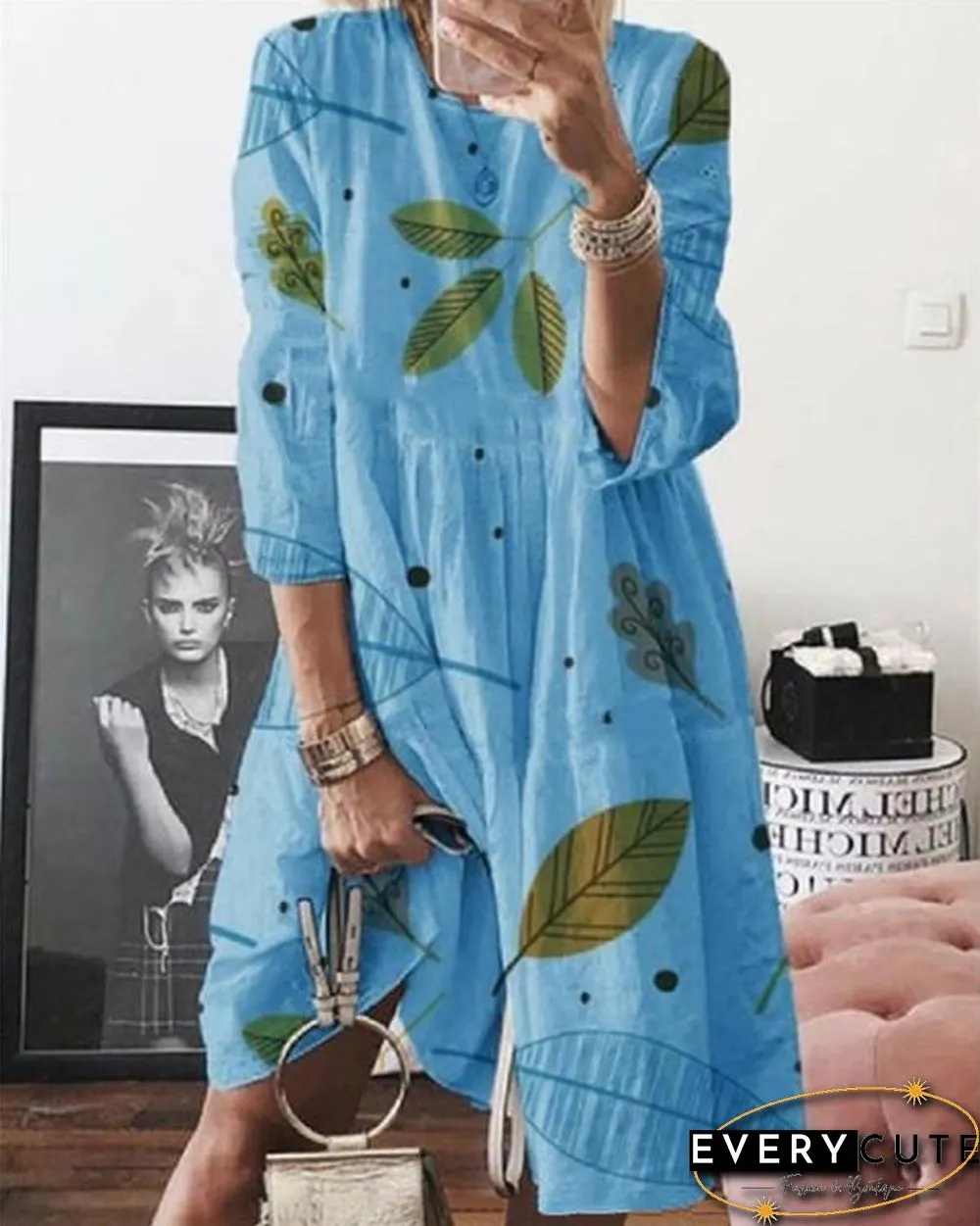 Casual Round Neck Printed Short Sleeve Midi Dress