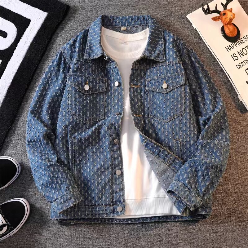 2025 New Arrival Top Fashion Embroidery Turn-down Collar Hollow Out Casual Single Breasted Denim Mens Daily Jackets And Coats