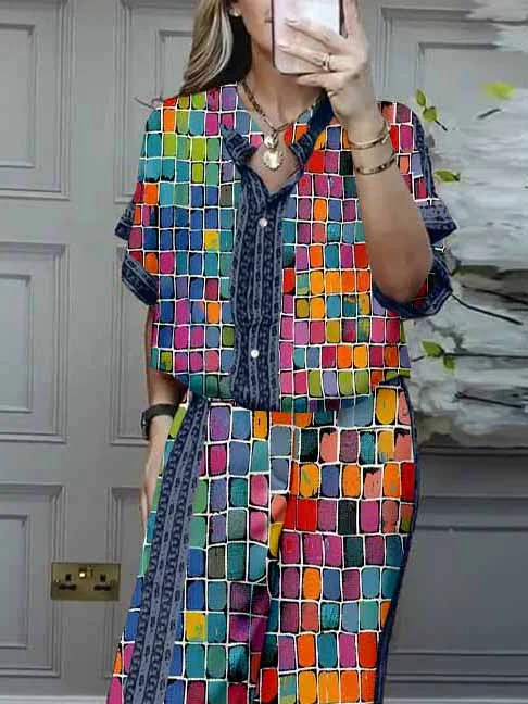 Women Colorful,Floral,Red DZDL1099 V-neck Short Sleeve Blouse and Pants Set