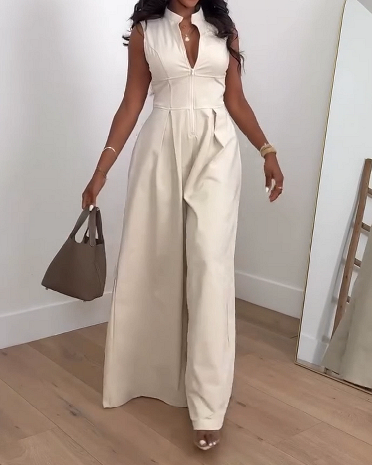 Crew Neck Zipper Pleated Jumpsuit