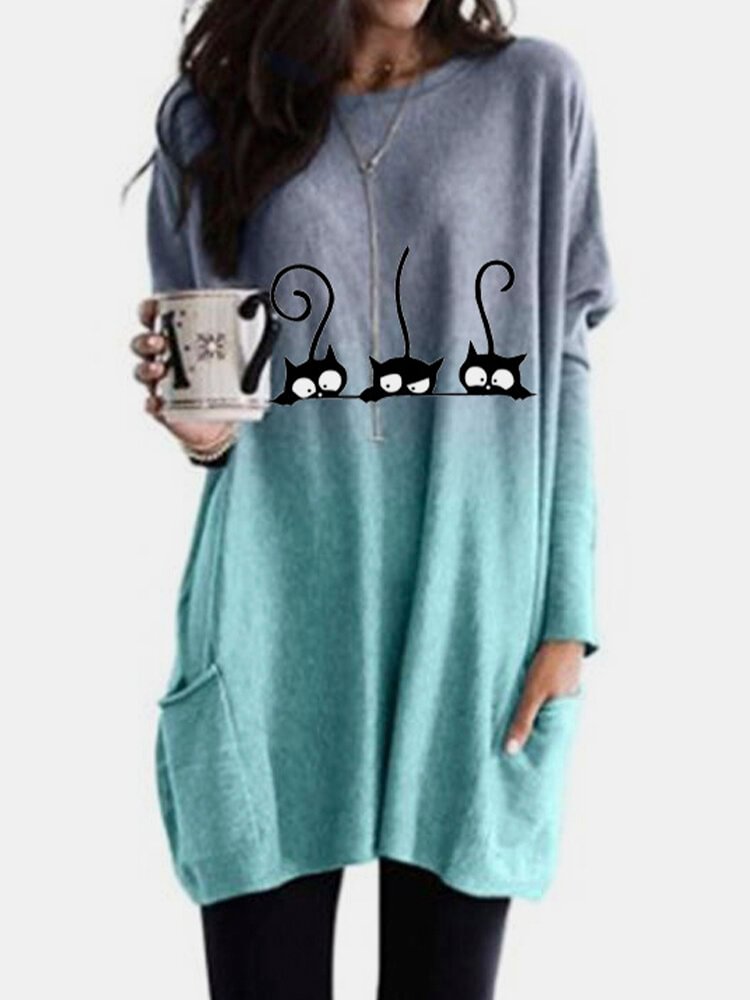 Cat Print Long Sleeves O neck Casual Blouse For Women P1769685