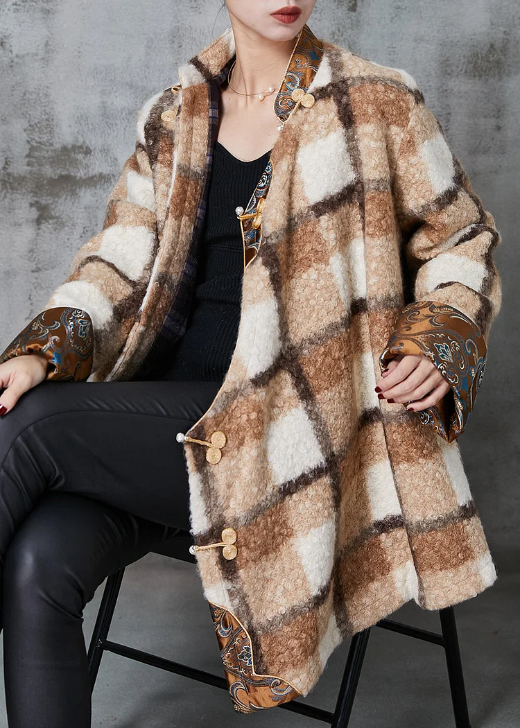 Khaki Plaid Fine Cotton Filled Woolen Coats Chinese Button Spring