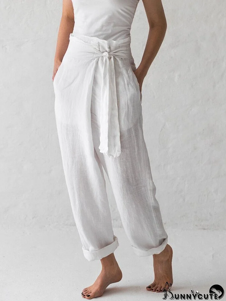 White Cotton Linen Lace Up Casual Pants