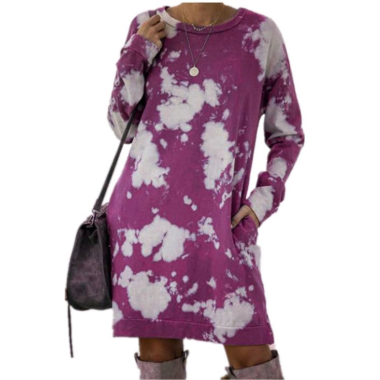 2021 Autumn Winter Woman Tie-dye Printing Gradient Long-sleeved Round Neck Dress Female Fashion Elegant Dresses