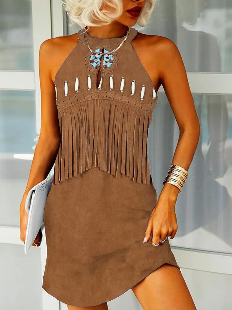 Vintage Western Fringe Graphic Slim Fit Mini Dress