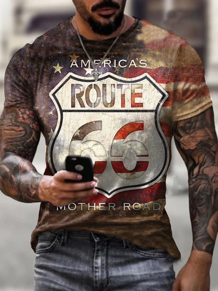 Mens Crew Neck Route 66 Short Sleeve Tops T-shirts