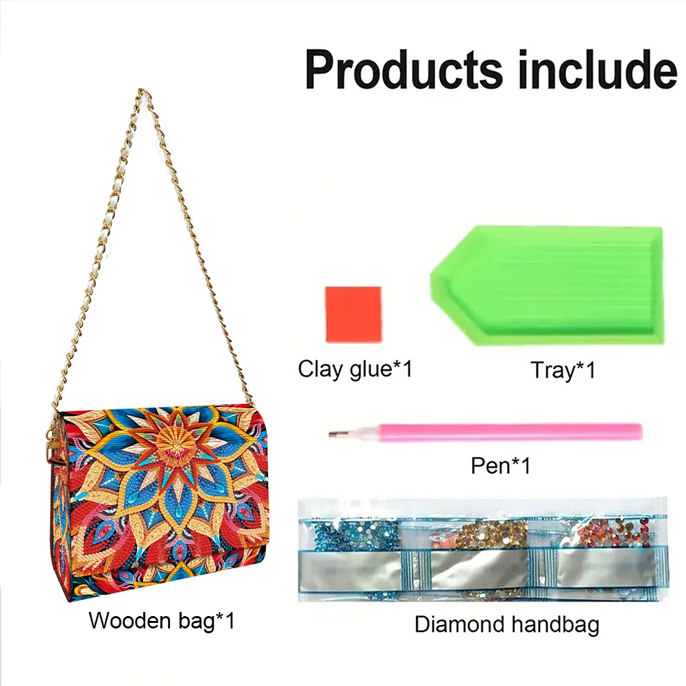DIY Mandala Diamond Art Wooden Coin Pouch with Chain 5D Diamond Painting Purse