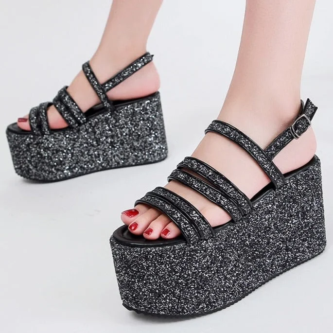Vstacam Trendy Sandals Women Wedges Heel Brand Deisgn Bling Sequines Back Strap Thick Sole Platform Shoes On Summer Club Party