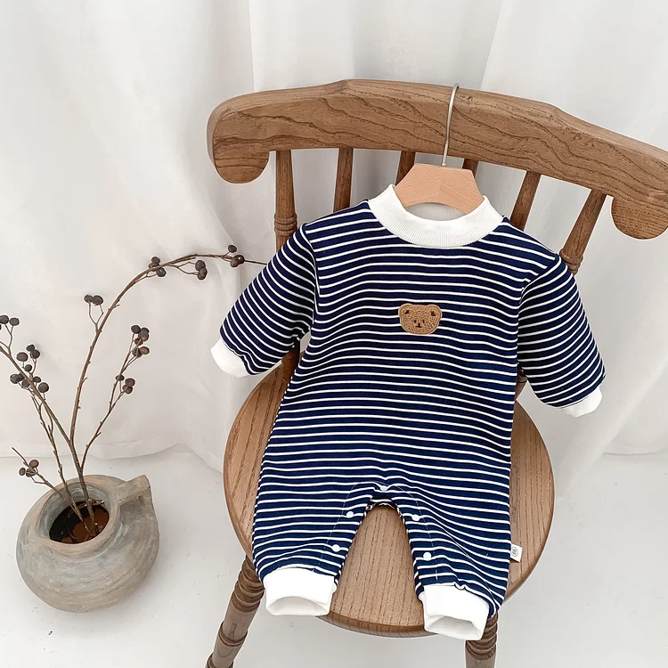 Baby Boy/Girl Bear Suspender Striped Long Sleeve Pullover Romper