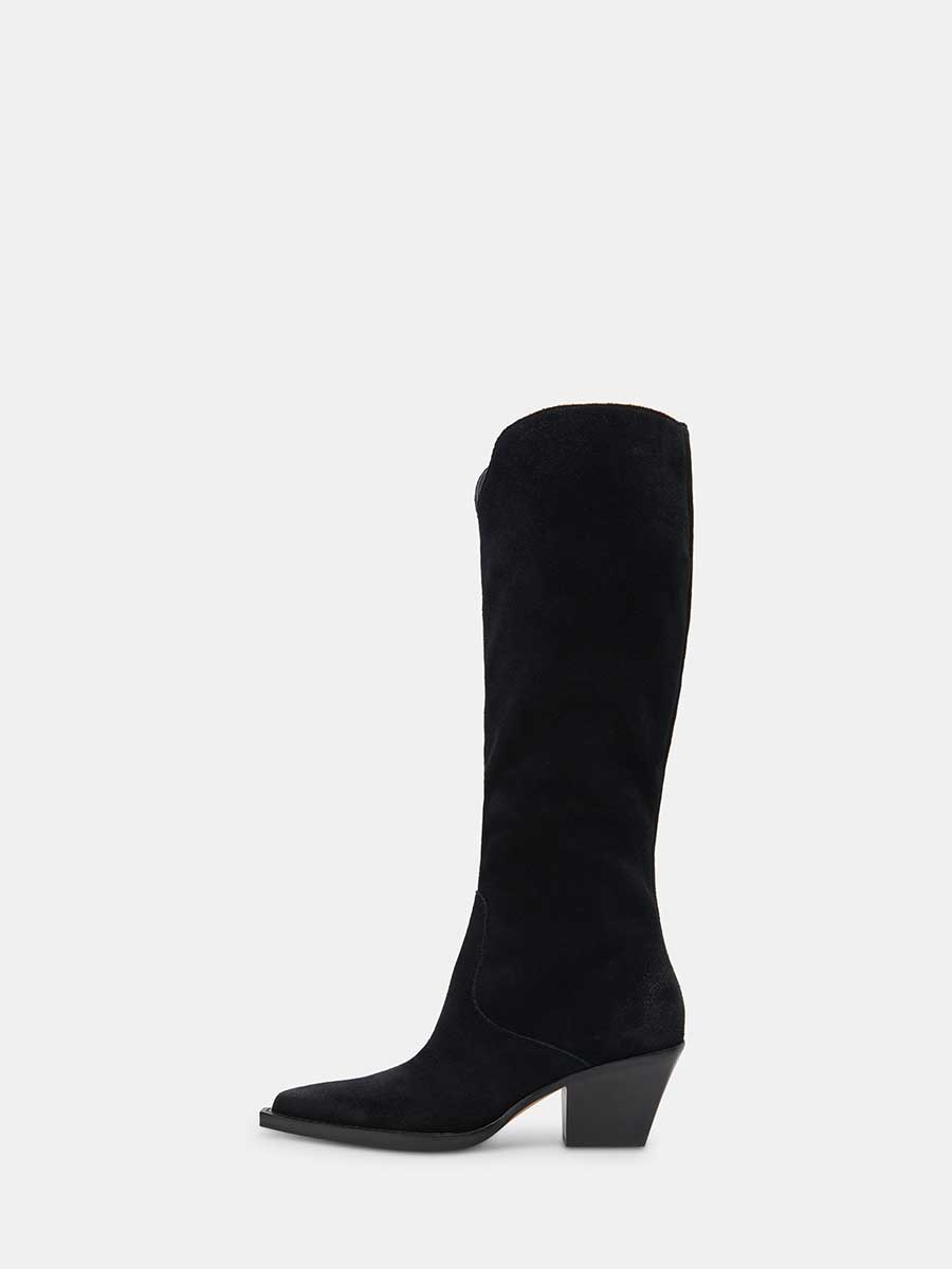 Black Faux Suede Snip Toe Knee High Partial-Zip Chunky Heeled Cowgirl Boots 