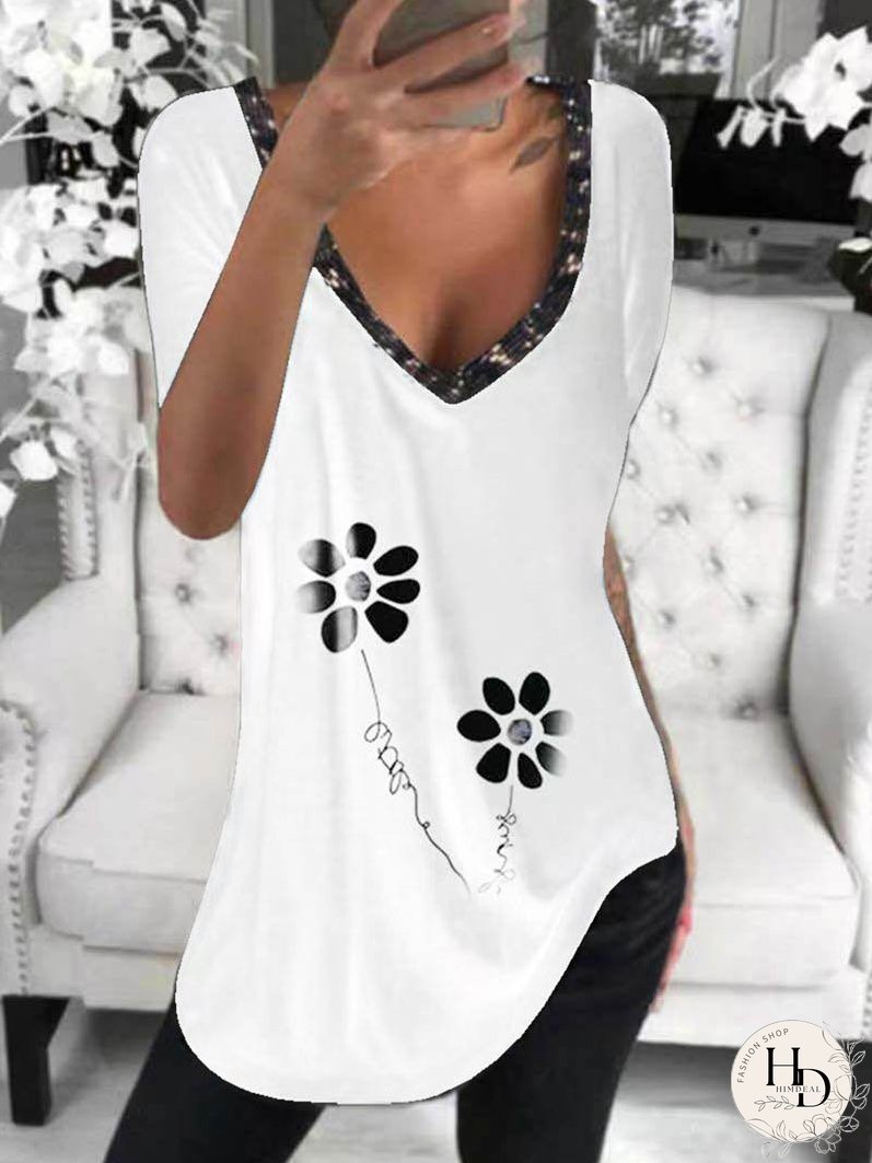 Casual V-neck Design Printed T-shirt