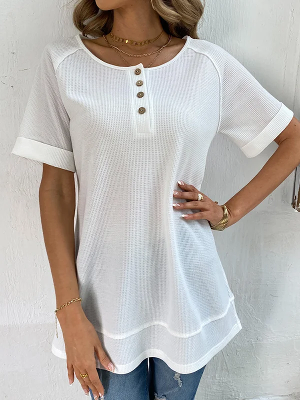 Split-Joint Solid Color Buttoned Short Sleeves Loose V-Neck T-Shirts Tops