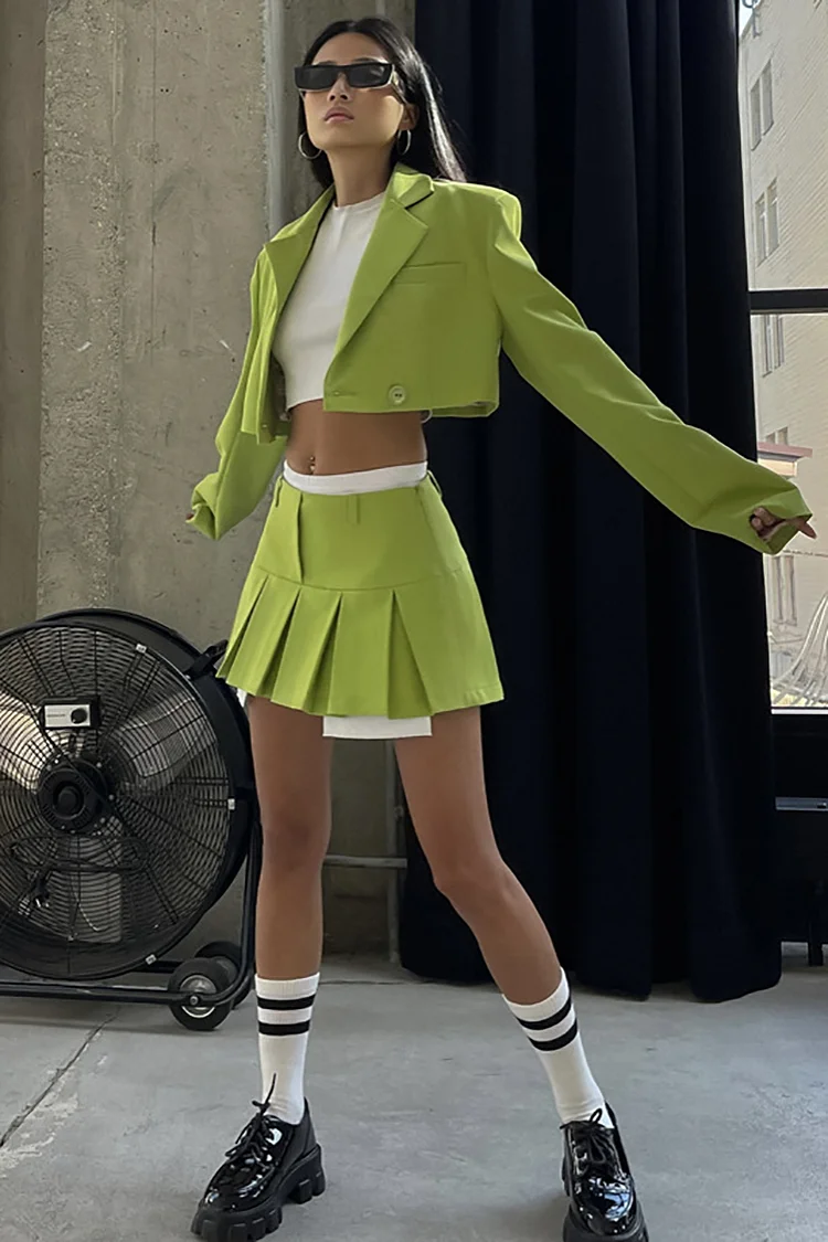 Turndown Collar Crop Blazer Pleated Mini Skirt Matching Set
