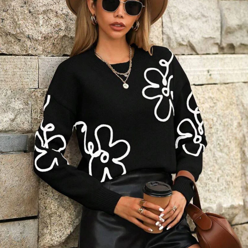 Athvotar Athvotar And Winter New Women's Sweater Fashion Flowers Three-Dimensional Embroidered Round Collar Long-Sleeved Knitted Shirt Woman
