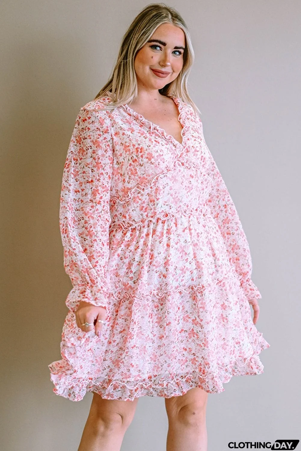 Frilled Tiered Floral Plus Size Dress