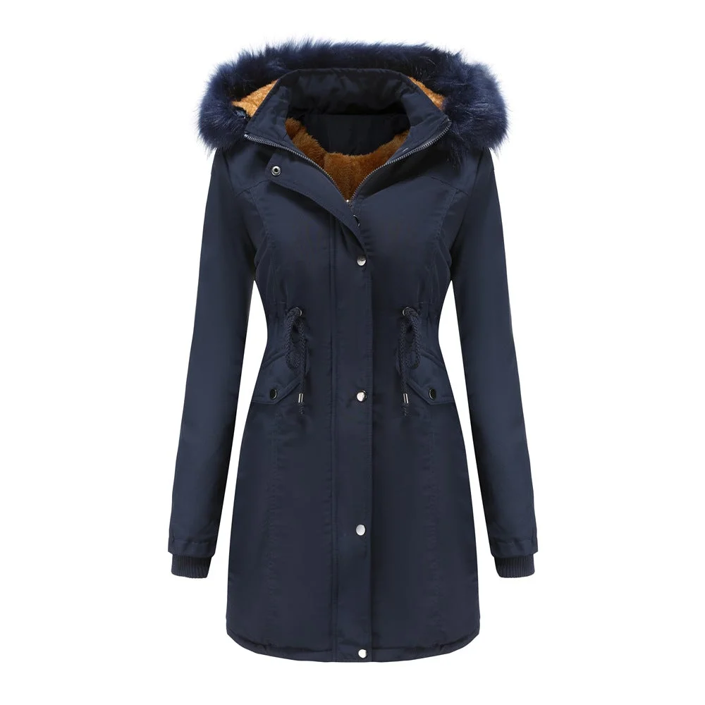 Women's Cotton Padded Detachable Hat Large Fur Collar Coat