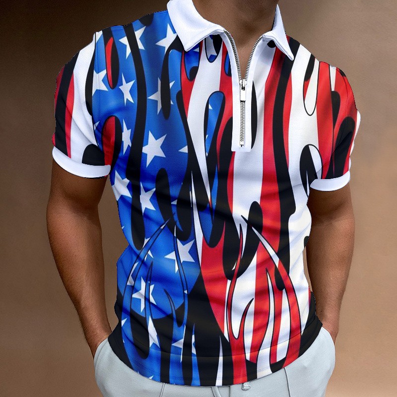 Men's Independence Day printed short sleeved zippered polo shirt PLUSCLOTHESMAN