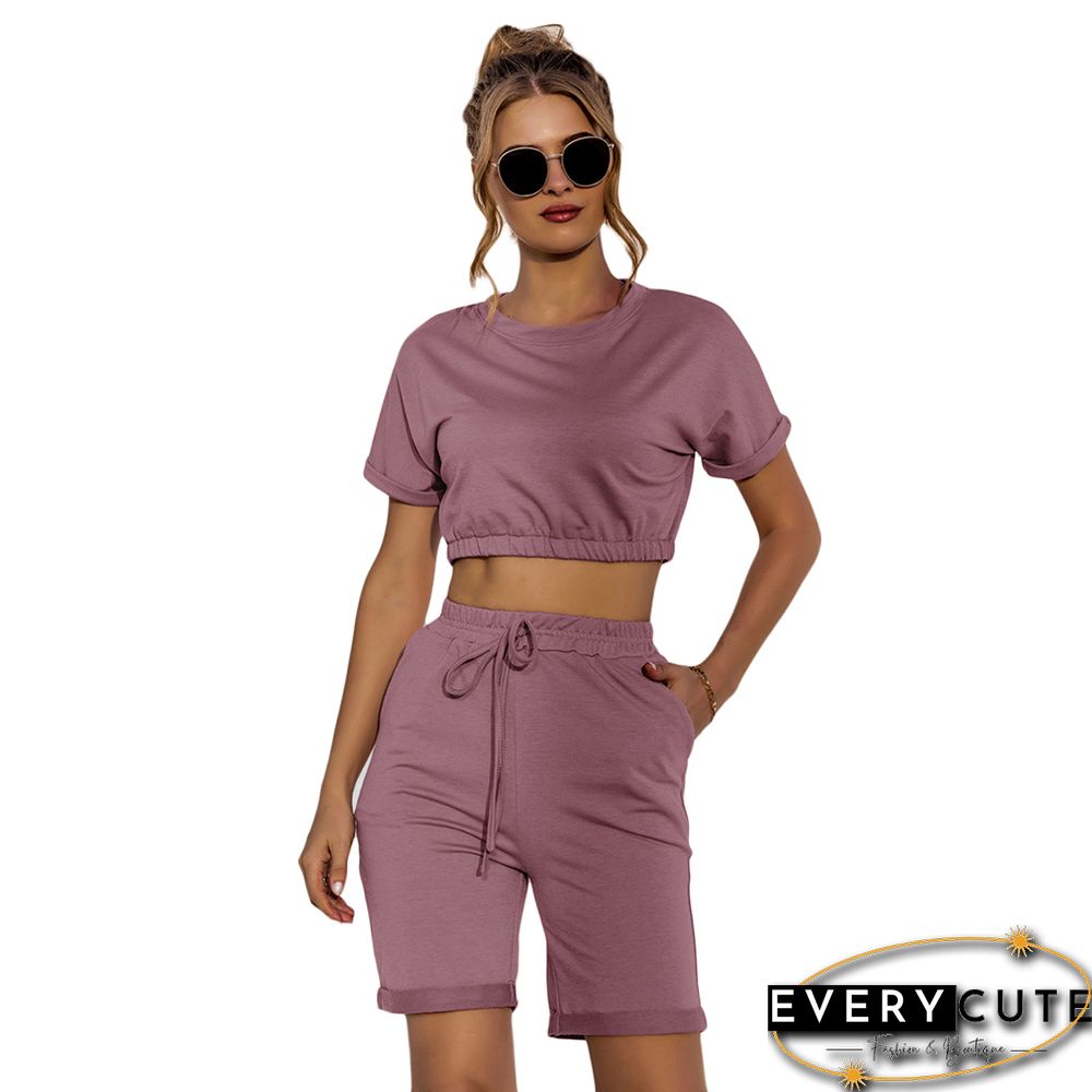 Pink Crop Top with Drawstring Shorts Set