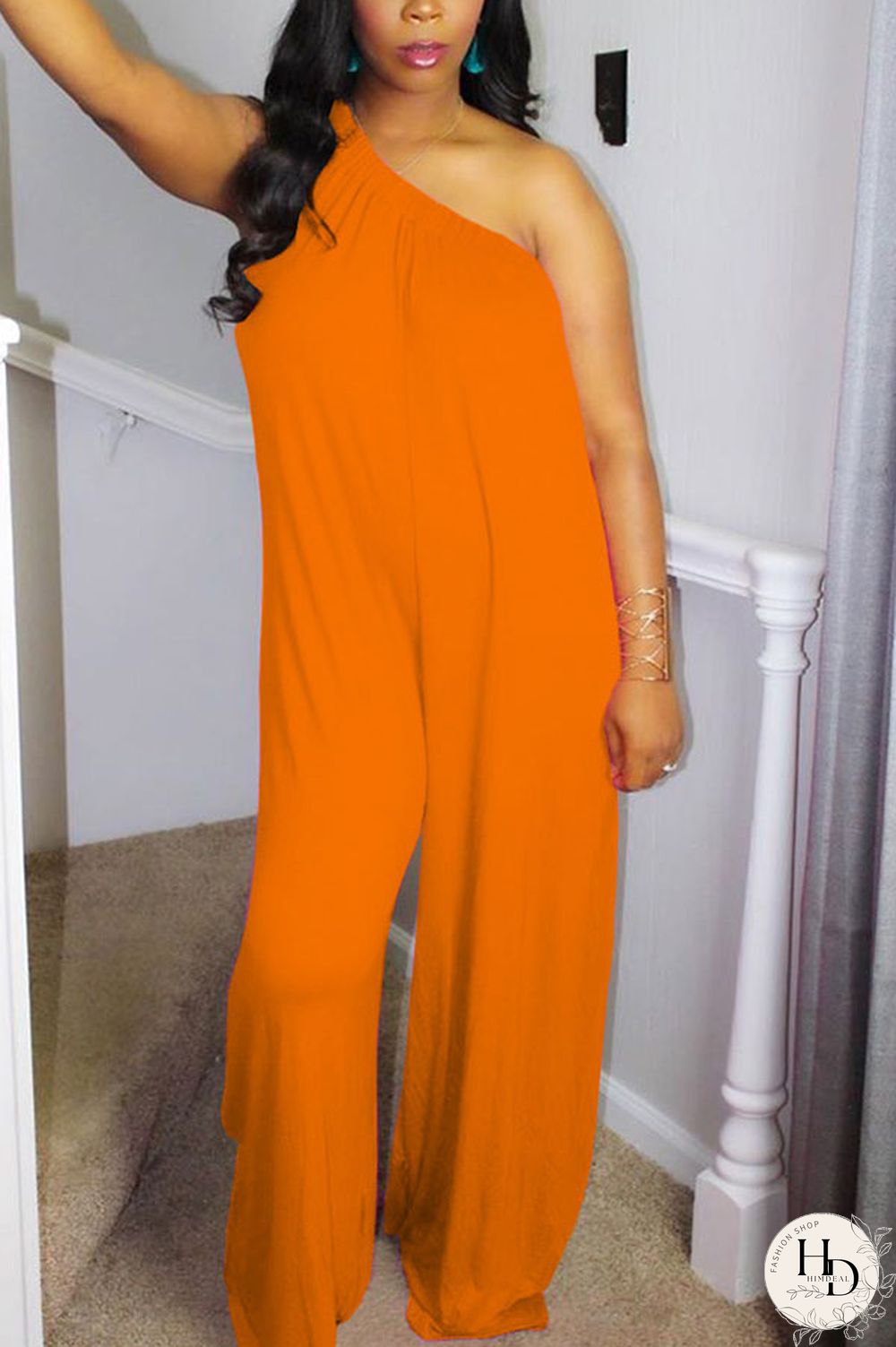 rose red Fashion Sexy Patchwork Solid Polyester Sleeveless one shoulder collar Jumpsuits