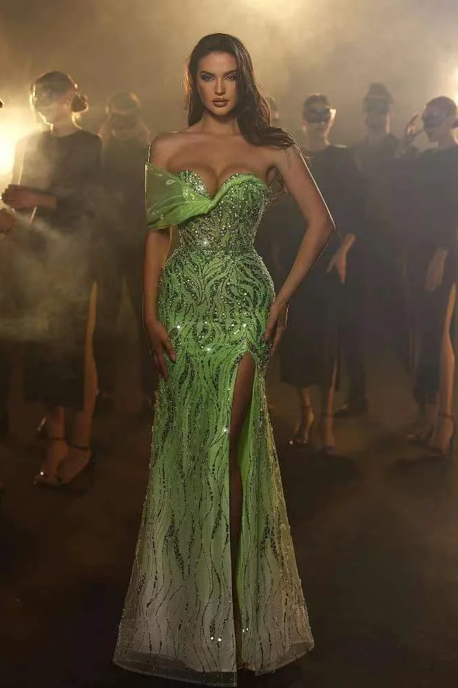 Stunning Beaded One Shoulder Mermaid Sequins Evening Dress Green With Off The Shoulder | Ballbellas Ballbellas