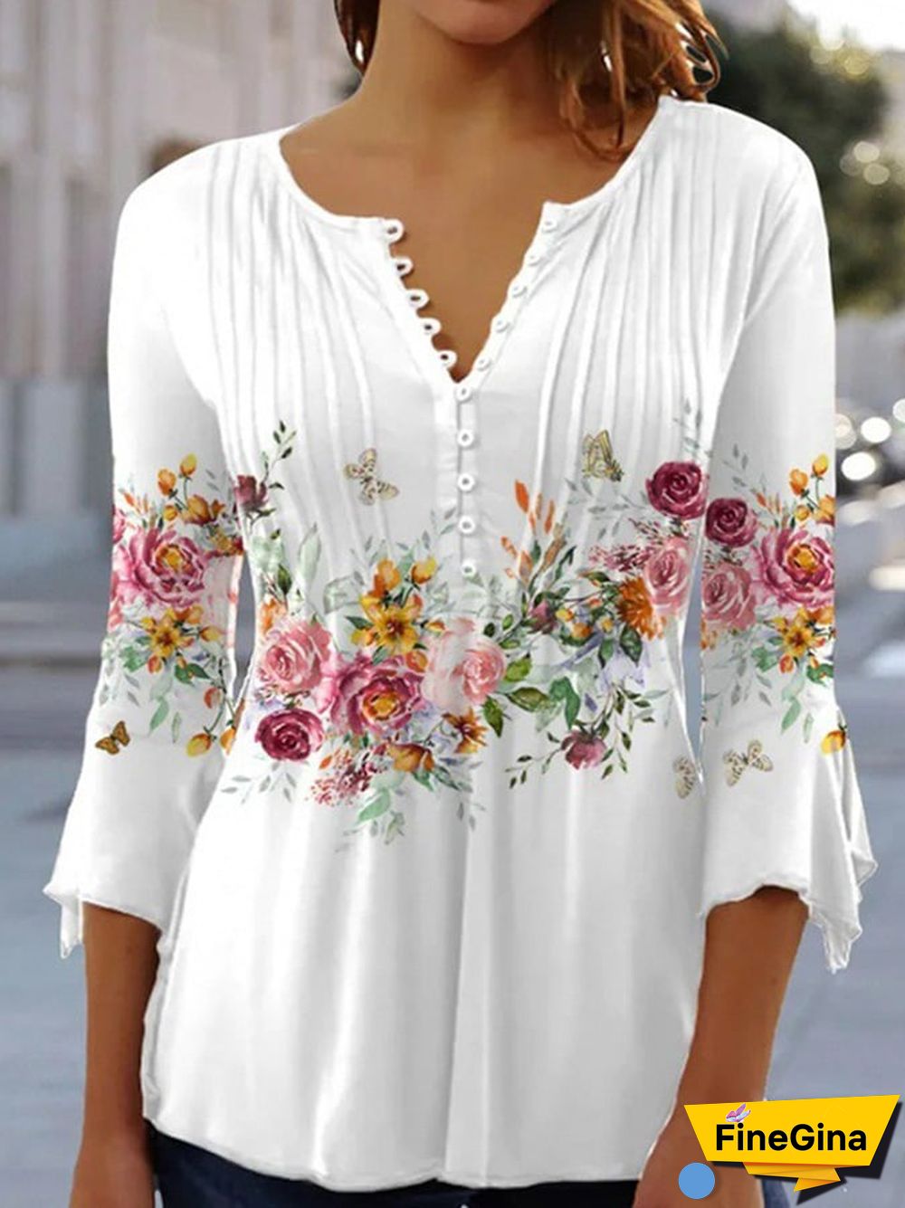 Solid Color V-neck Short-sleeved Pleated Button Casual Top