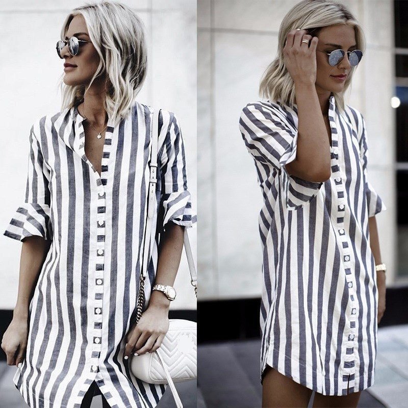 Half-sleeved Stand-up Collar Striped Shirt Mid-length Lady Temperament Dress