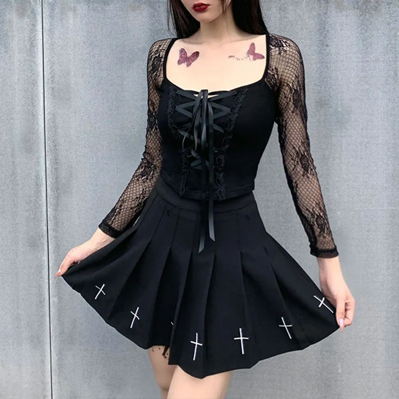InsGoth Vintage Elegant Black Lace Up Gothic Top Sexy Mesh See Through Long Sleeve Top Women Autumn Hollow Out Bodycon Basic Top