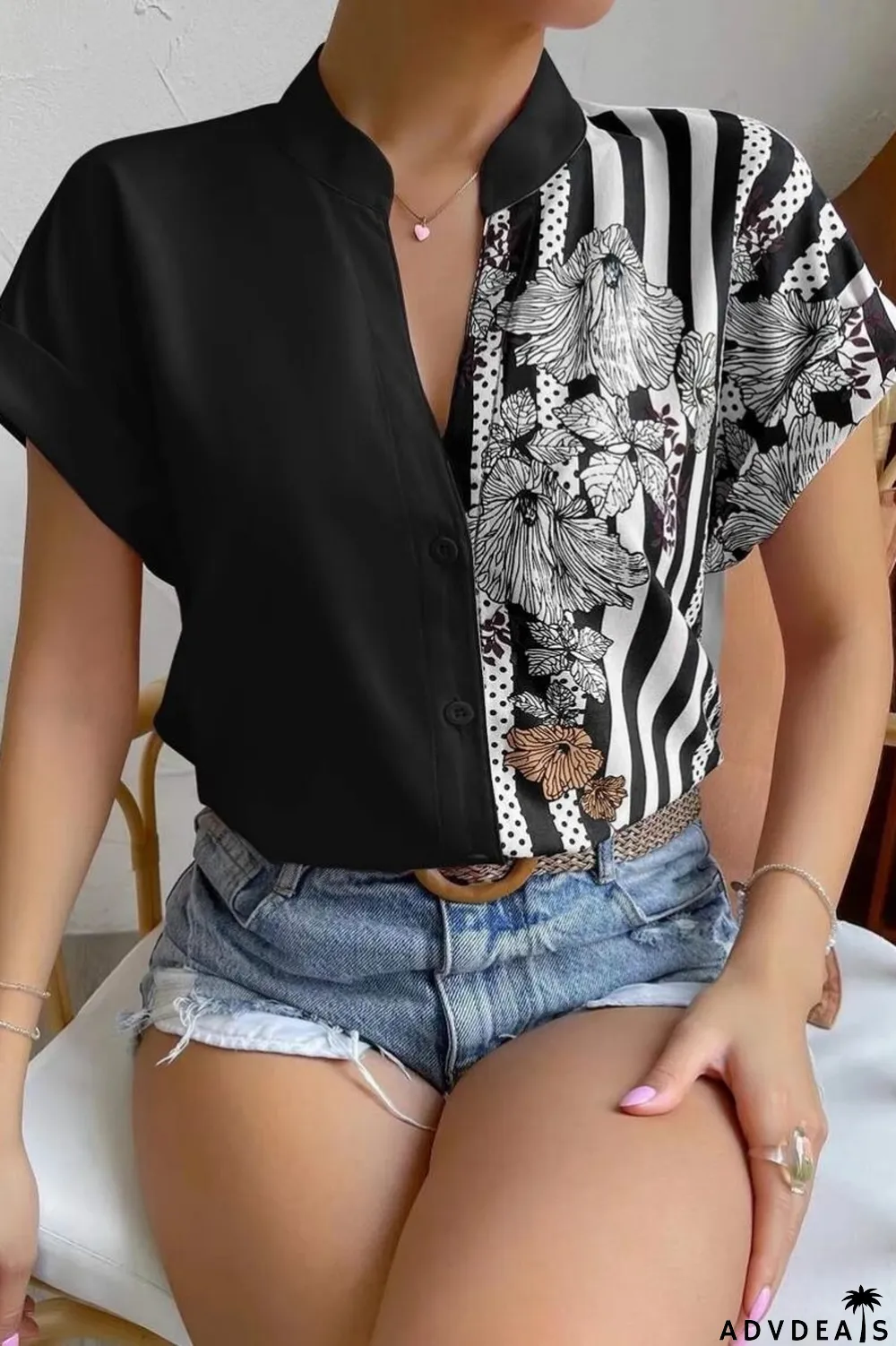 Green Casual Print Patchwork V Neck Tops