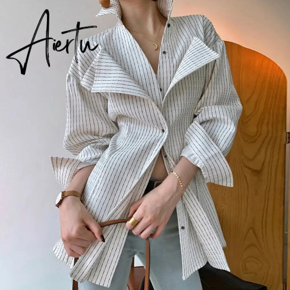 Aiertu  Korean Patchwork Ruffle Shirt For Women Lapel Long Sleeve Striped Casual Fake Two Shirts Female Fashion New Clothes Aiertu