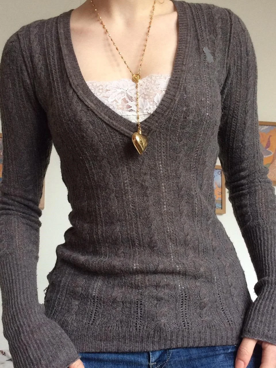 Brownm V-neck lace patchwork cable knit top