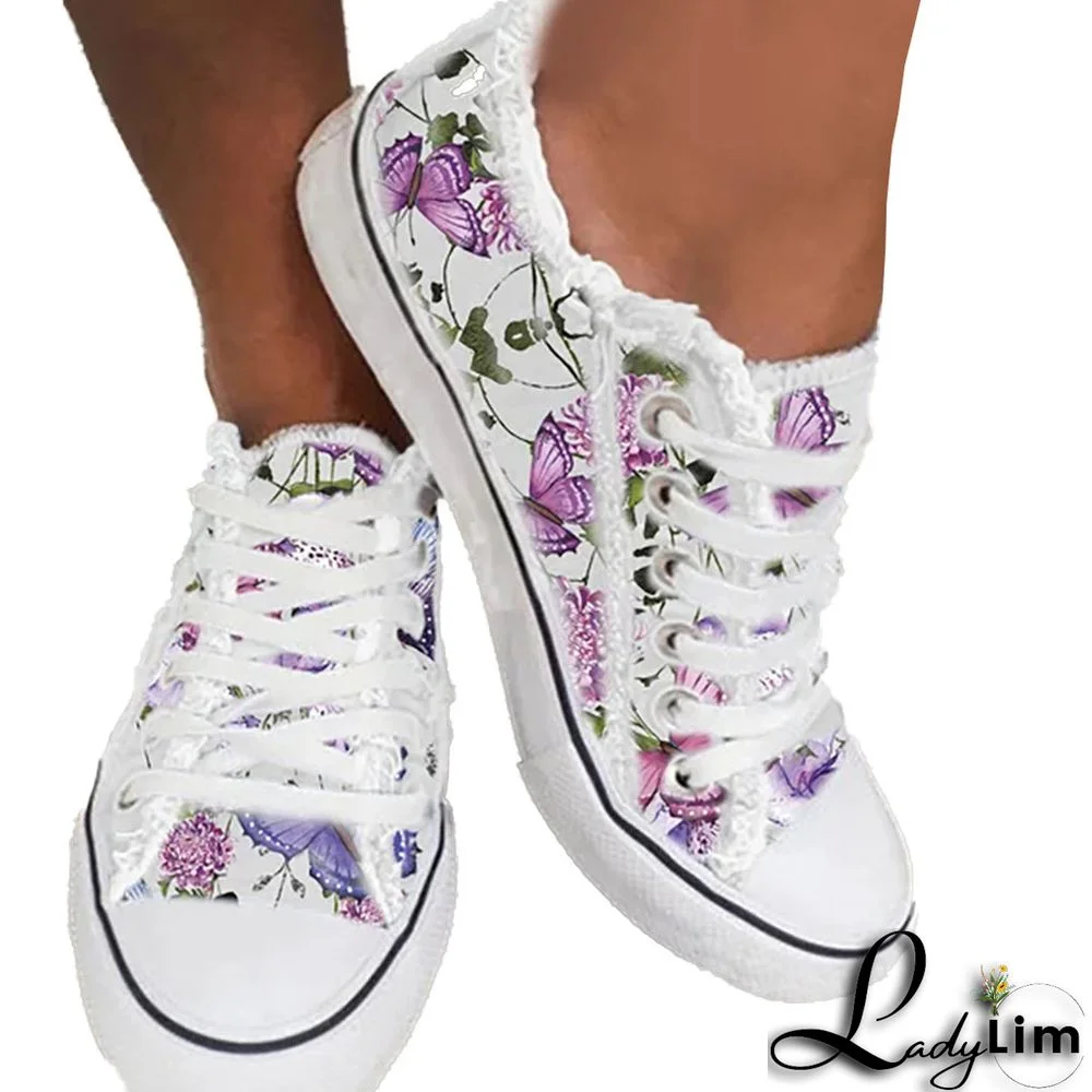 Women's Graphic Printed Shoelaces Round Toe Flat Heel Casual Shoes