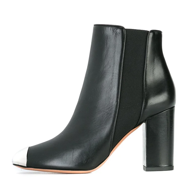 Black Chunky Heel Chelsea Dress Boots with Metal Toe Vdcoo