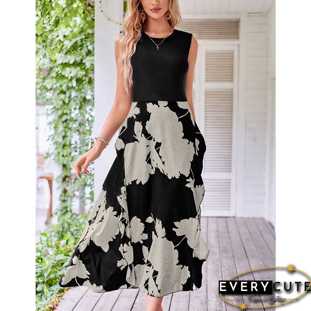Black While Sleeveless Print Dress with Split