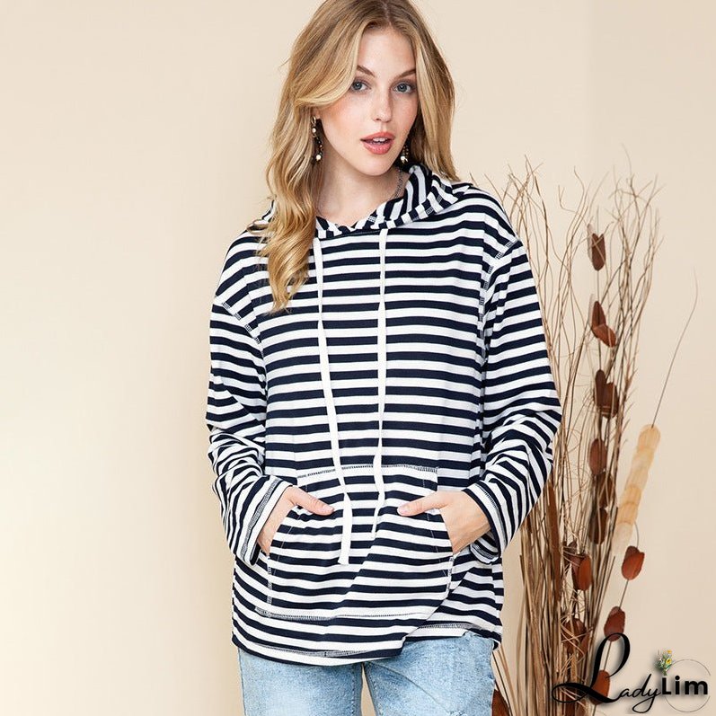 Shiying Striped Hooded Sweater, Women's Autumn Fashion, Loose-Fit Long Sleeve Top