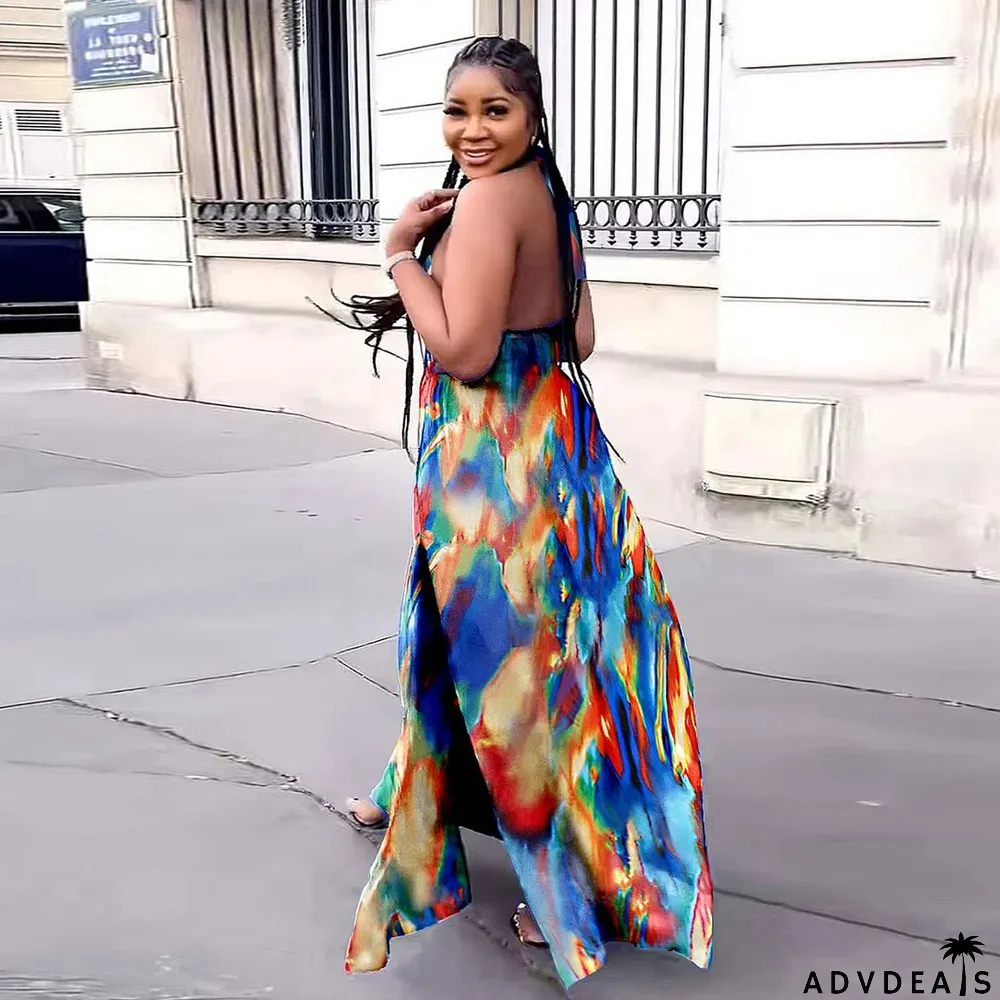 Sexy Loose Printed Hollow Hanging Neck Slit Dress