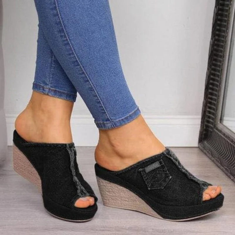 New Brand Hot Women's High Heels Fashion Denim Slippers Women Wedge Heel Toe Platform Shoes Large Size 35-43 Zapatos De Mujer